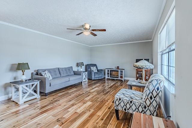 living area with a ceiling fan, wood-type flooring, ornamental molding, and a textured ceiling