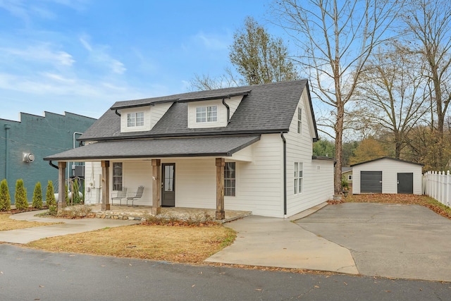 view of front of home with an outdoor structure, a porch, and a garage