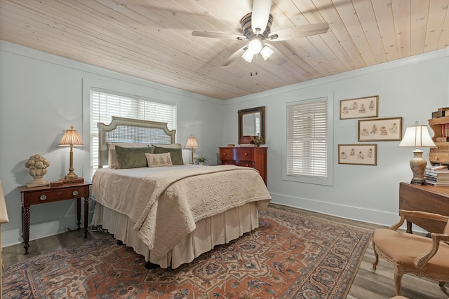 bedroom with crown molding, ceiling fan, dark wood-type flooring, and wood ceiling