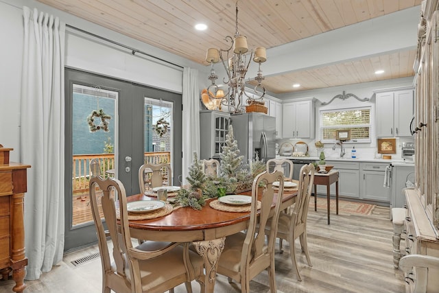 dining area with french doors, plenty of natural light, and wood ceiling