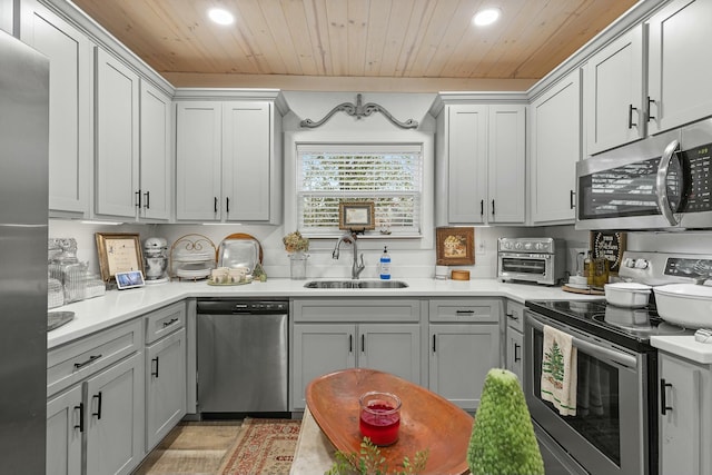 kitchen with gray cabinets, wooden ceiling, sink, and stainless steel appliances