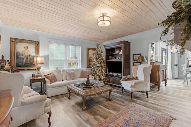 living room with light hardwood / wood-style floors and wooden ceiling