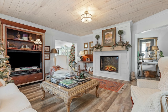 living room with hardwood / wood-style floors and wood ceiling