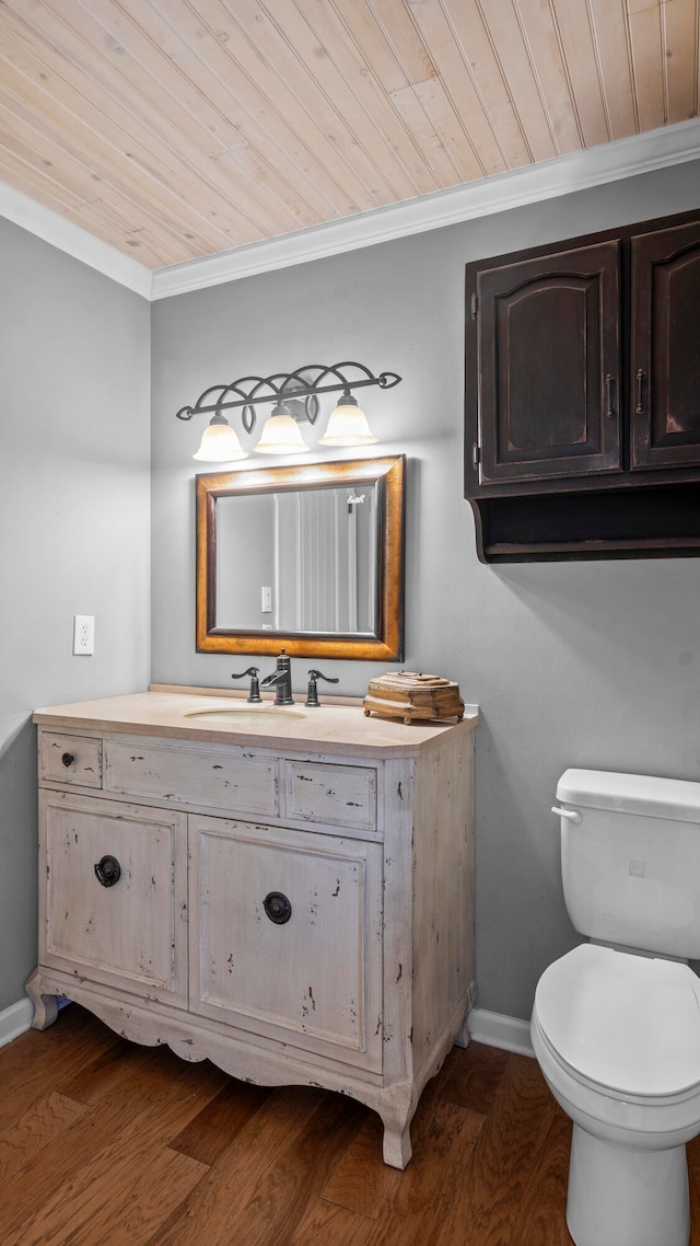 bathroom featuring wood-type flooring, wooden ceiling, and ornamental molding