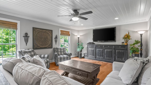 living room featuring light hardwood / wood-style floors, wooden ceiling, and a wealth of natural light