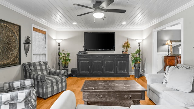 living room featuring crown molding, light hardwood / wood-style flooring, ceiling fan, and wooden ceiling