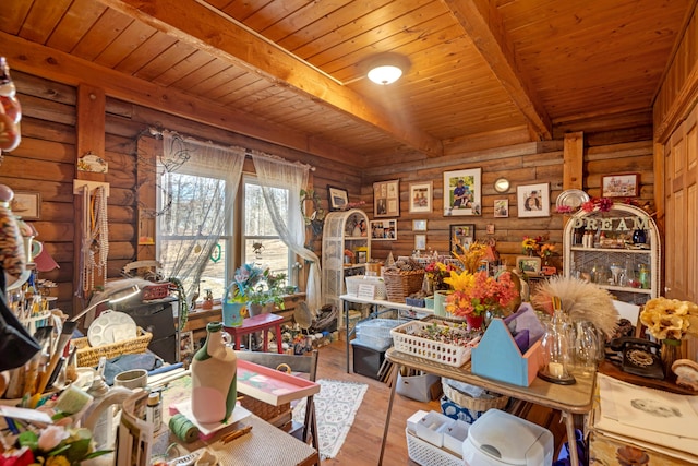 miscellaneous room with rustic walls, wood ceiling, beam ceiling, and wood-type flooring