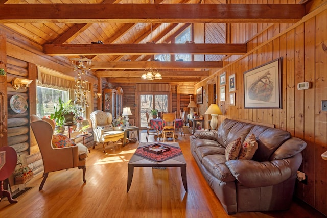 living room featuring wood ceiling, log walls, hardwood / wood-style flooring, and a notable chandelier