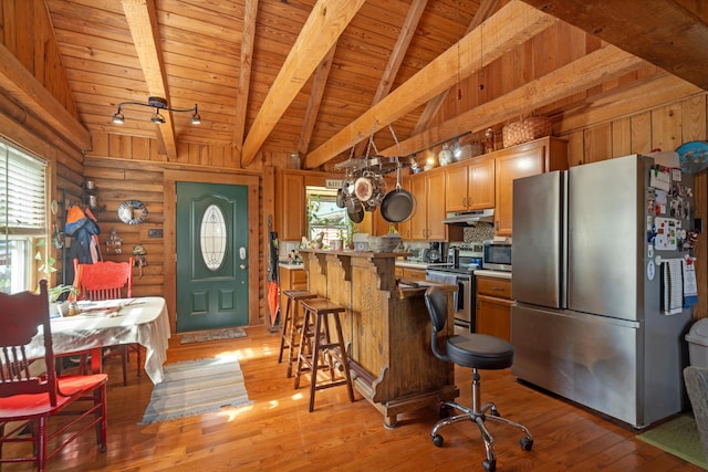 kitchen with light hardwood / wood-style floors, wooden ceiling, stainless steel appliances, log walls, and lofted ceiling with beams