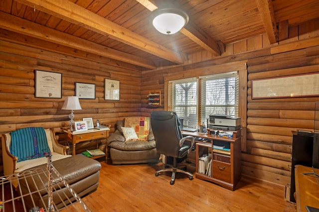 office with wood ceiling, log walls, light hardwood / wood-style flooring, and beamed ceiling