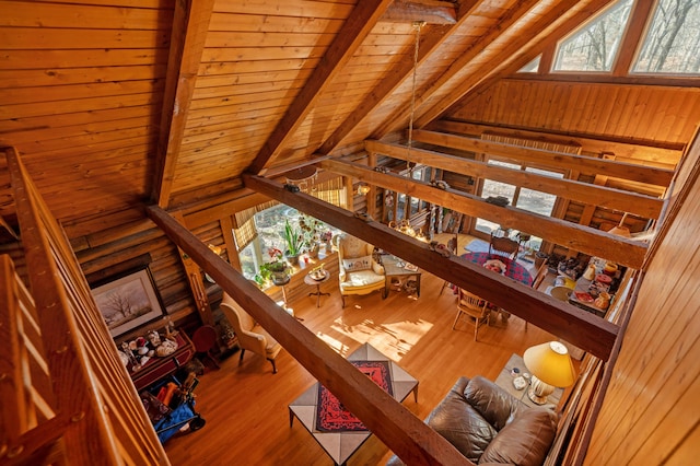 living room featuring lofted ceiling with beams, wood ceiling, wooden walls, and hardwood / wood-style flooring