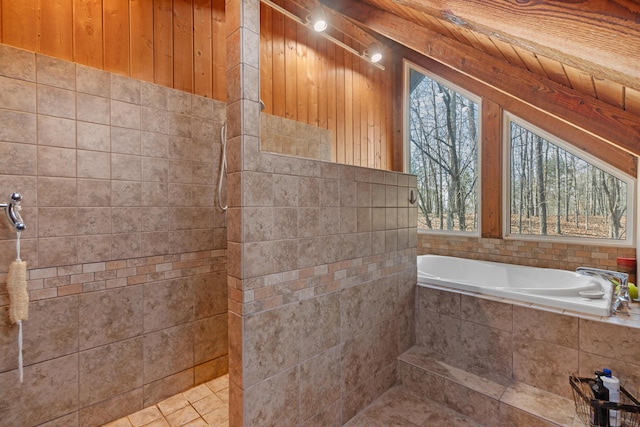 bathroom with separate shower and tub, wood ceiling, and wood walls