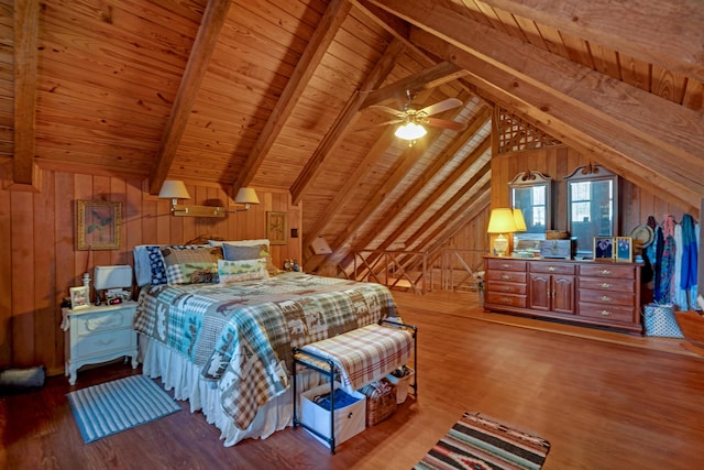 bedroom featuring ceiling fan, wood ceiling, vaulted ceiling with beams, and wooden walls