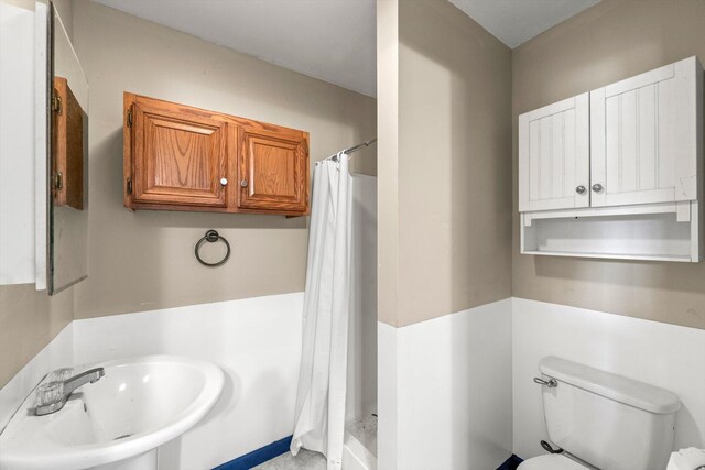 bathroom with toilet, walk in shower, and sink