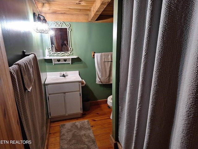 125 Hiwassee Cir, Reliance, TN 37369 - full bathroom with vanity, toilet, wood finished floors, wood ceiling, and a shower with curtain