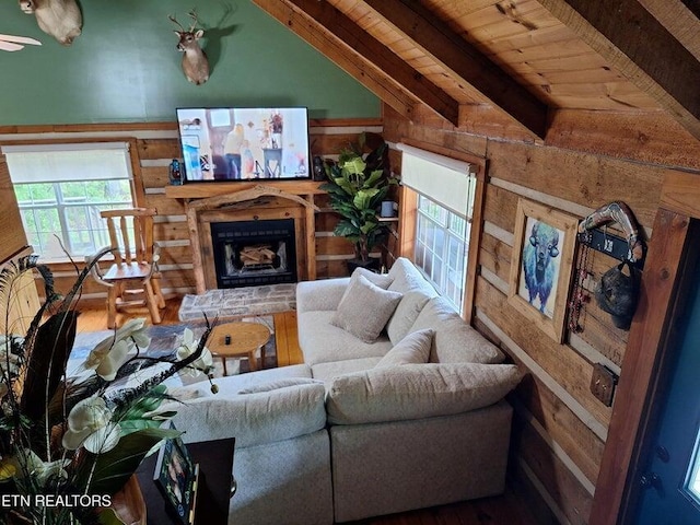125 Hiwassee Cir, Reliance, TN 37369 - living area with wood walls, wooden ceiling, wood finished floors, and a fireplace