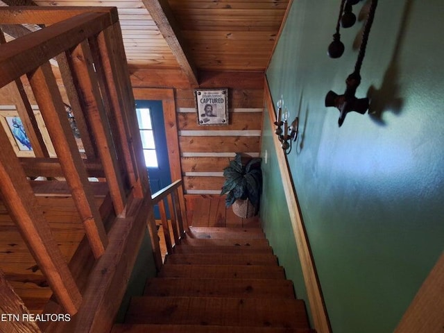 125 Hiwassee Cir, Reliance, TN 37369 - staircase with wood ceiling with exposed beams and wood walls