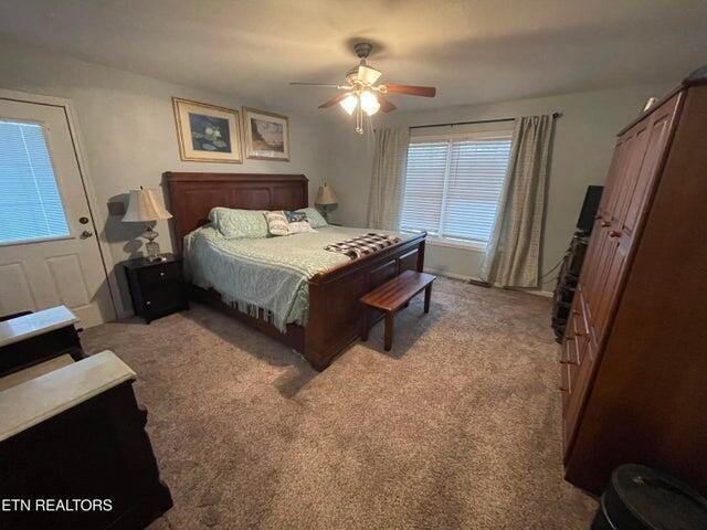 carpeted bedroom featuring ceiling fan