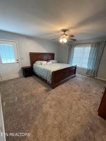 carpeted bedroom with multiple windows and ceiling fan