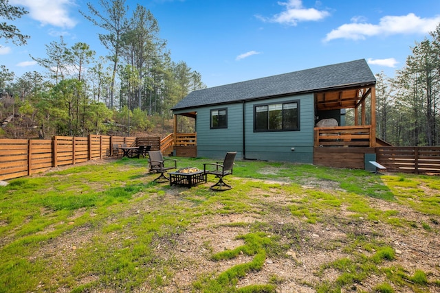 120 Hummingbird Way, Copperhill, TN 37317 - rear view of property featuring a fire pit, roof with shingles, a fenced backyard, and a deck