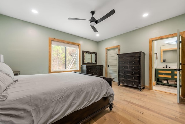 120 Hummingbird Way, Copperhill, TN 37317 - bedroom featuring light wood-style floors, recessed lighting, a ceiling fan, and ensuite bath