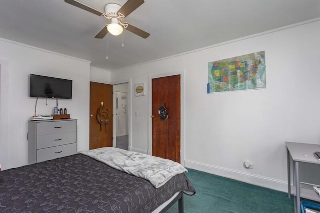 229 Plerce Hill St, Spring City, TN 37381 - bedroom with dark colored carpet, ceiling fan, ornamental molding, and baseboards