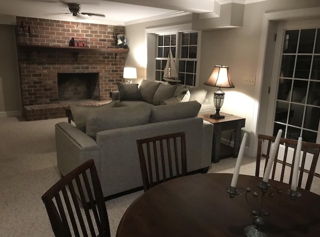 14318 Bluffview Dr, Birchwood, TN 37308 - carpeted living area featuring a ceiling fan, crown molding, and a fireplace
