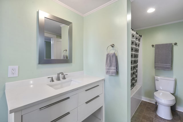 full bathroom featuring vanity, shower / bath combination with curtain, toilet, and crown molding