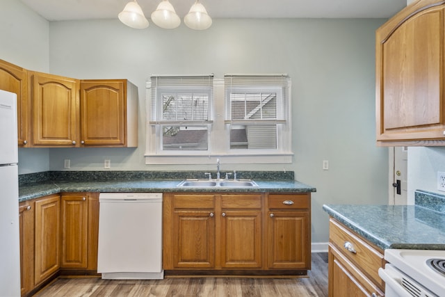 kitchen featuring hanging light fixtures, sink, light hardwood / wood-style floors, and white appliances