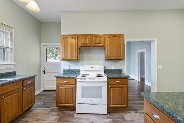 kitchen with dark hardwood / wood-style floors, white range with electric stovetop, a wealth of natural light, and sink