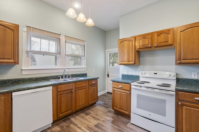 kitchen featuring plenty of natural light, dark wood-type flooring, white appliances, and sink