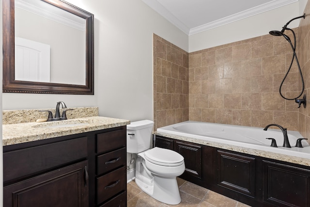 full bathroom featuring tiled shower / bath, vanity, ornamental molding, and toilet