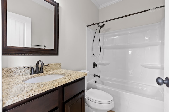 full bathroom featuring toilet, vanity, bathtub / shower combination, and ornamental molding