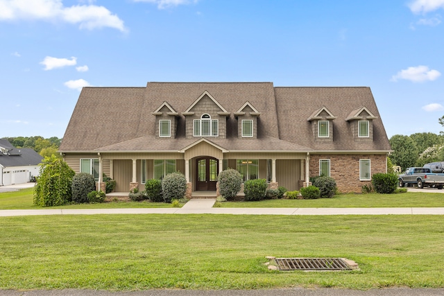 cape cod-style house featuring a front lawn and a porch