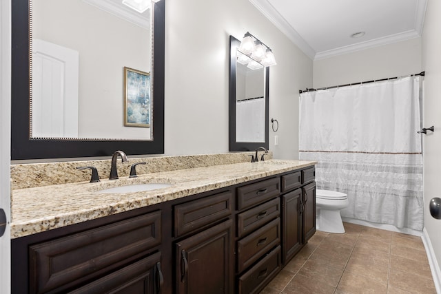 full bathroom featuring crown molding, tile patterned flooring, vanity, and toilet