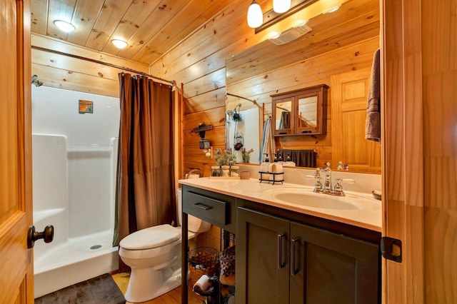 bathroom featuring vanity, wooden ceiling, wooden walls, a shower with shower curtain, and toilet