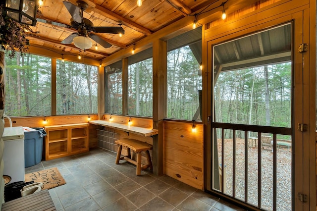 sunroom with ceiling fan, plenty of natural light, and wood ceiling