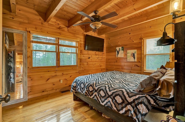 bedroom featuring beam ceiling, multiple windows, ceiling fan, and wood ceiling