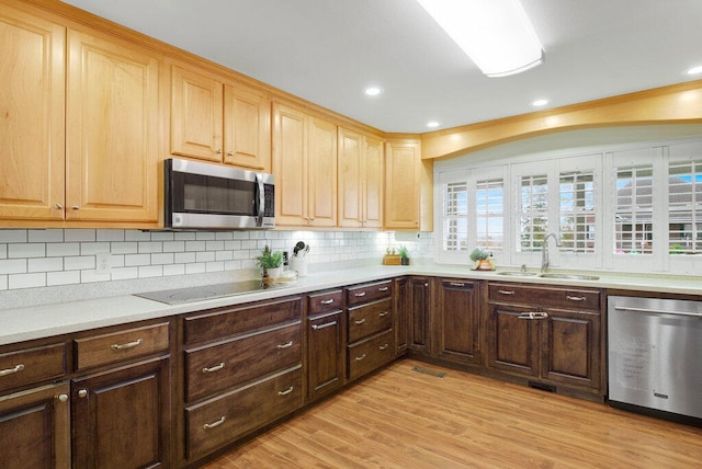 kitchen with decorative backsplash, sink, stainless steel appliances, and light wood-type flooring