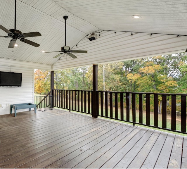 wooden deck with ceiling fan