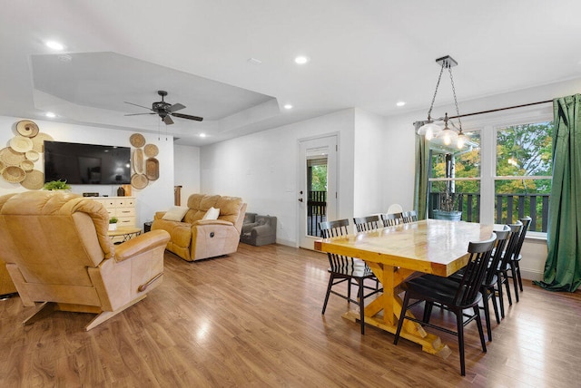 dining area featuring a raised ceiling, ceiling fan, and light wood-type flooring