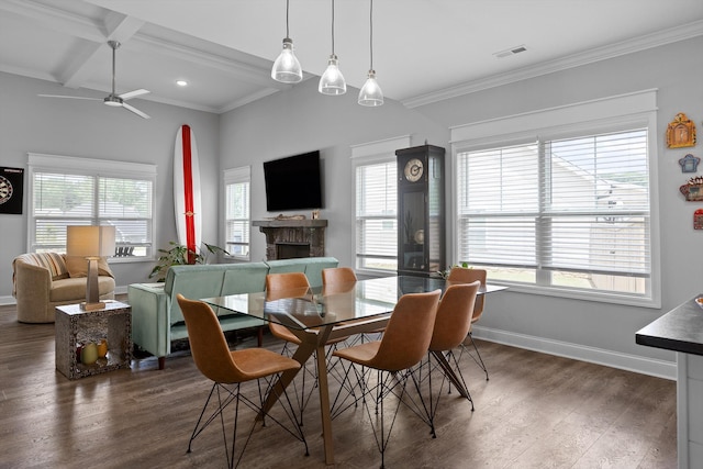5086 Oop Rd, Chattanooga, TN 37416 - dining space with a fireplace, baseboards, ornamental molding, wood finished floors, and a ceiling fan
