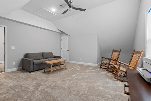 5086 Oop Rd, Chattanooga, TN 37416 - sitting room featuring vaulted ceiling, a ceiling fan, light carpet, attic access, and baseboards