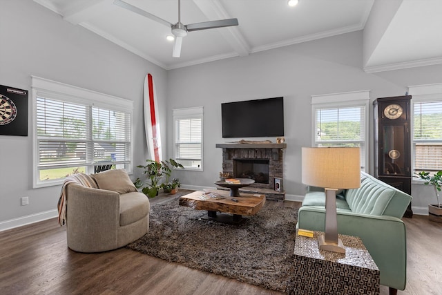 5086 Oop Rd, Chattanooga, TN 37416 - living area featuring wood finished floors, a ceiling fan, baseboards, a stone fireplace, and ornamental molding