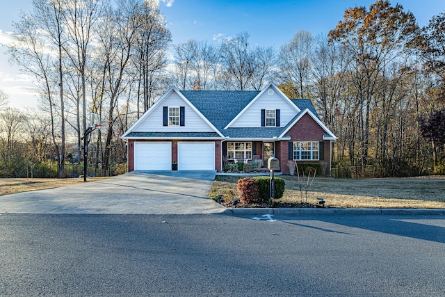 traditional home featuring brick siding, covered porch, concrete driveway, and a shingled roof