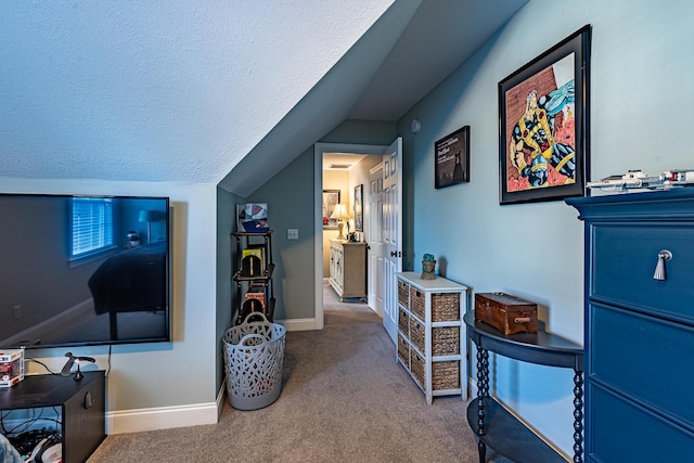 interior space featuring baseboards, a textured ceiling, carpet, and vaulted ceiling