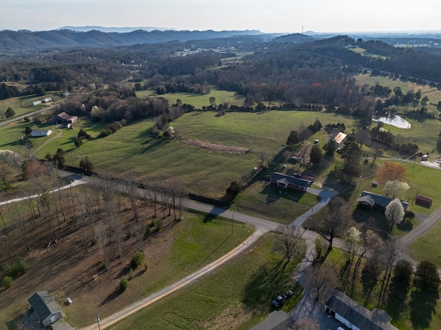 birds eye view of property featuring a mountain view and a rural view