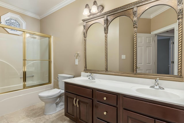 full bathroom with enclosed tub / shower combo, toilet, ornamental molding, and vanity