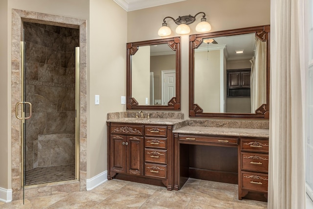 bathroom featuring a shower with door, vanity, and ornamental molding