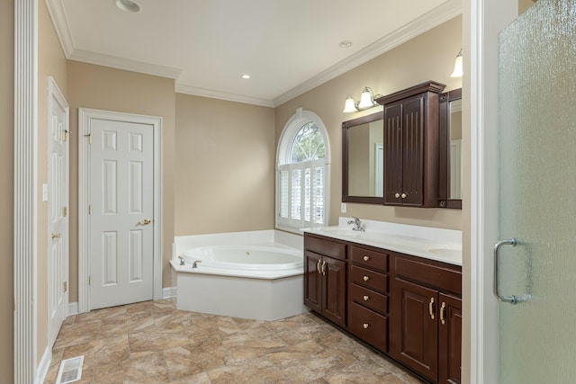 bathroom with crown molding, vanity, and shower with separate bathtub